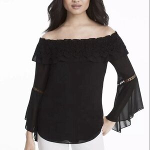 WHBM Off the Shoulder Top Womens Medium Black Crochet Bell Sleeve Sheer Blouse